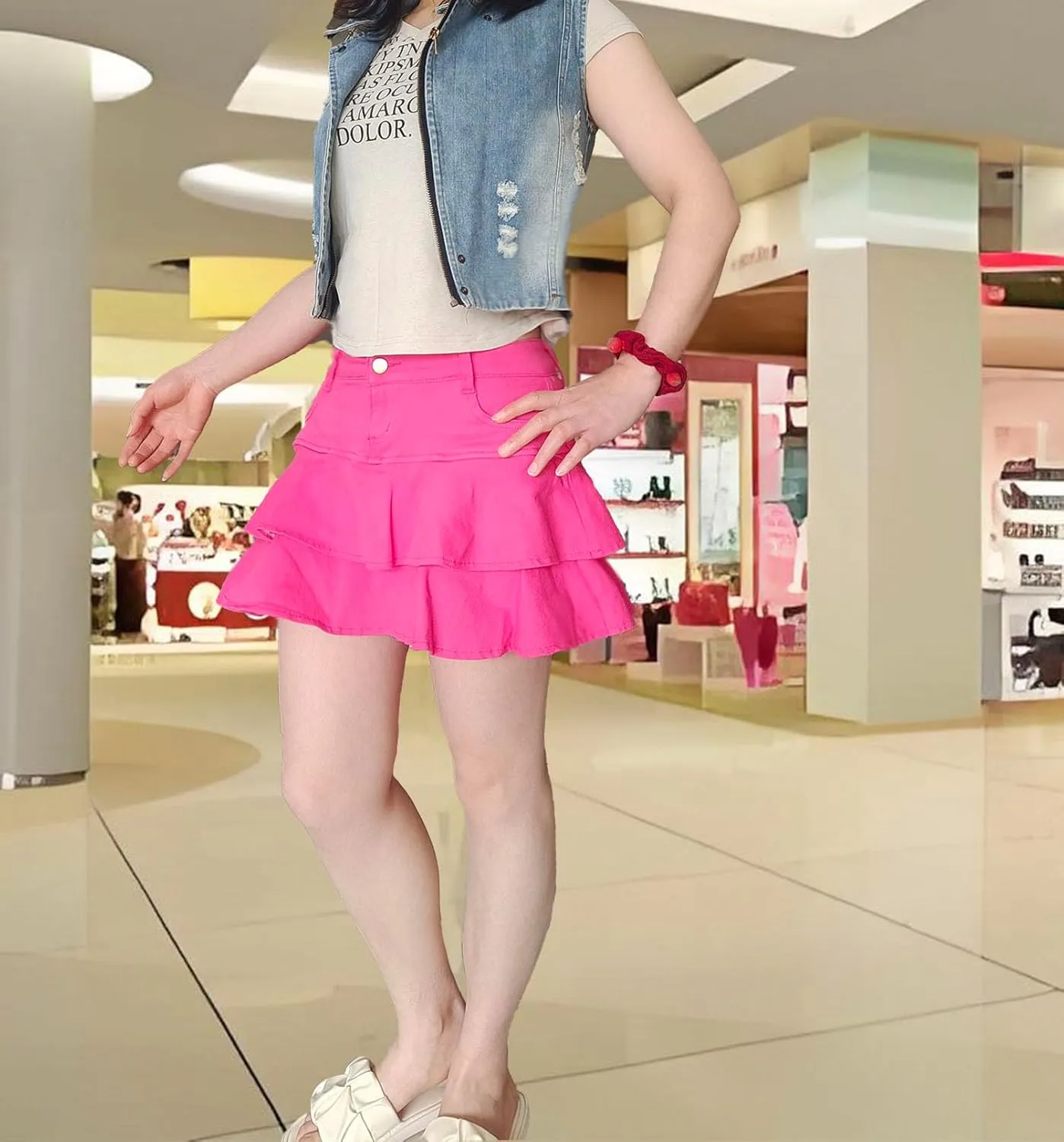 Women's Casual Denim Mini Skirt Ruffled Slim A-line Pleated Jean Short Skirt