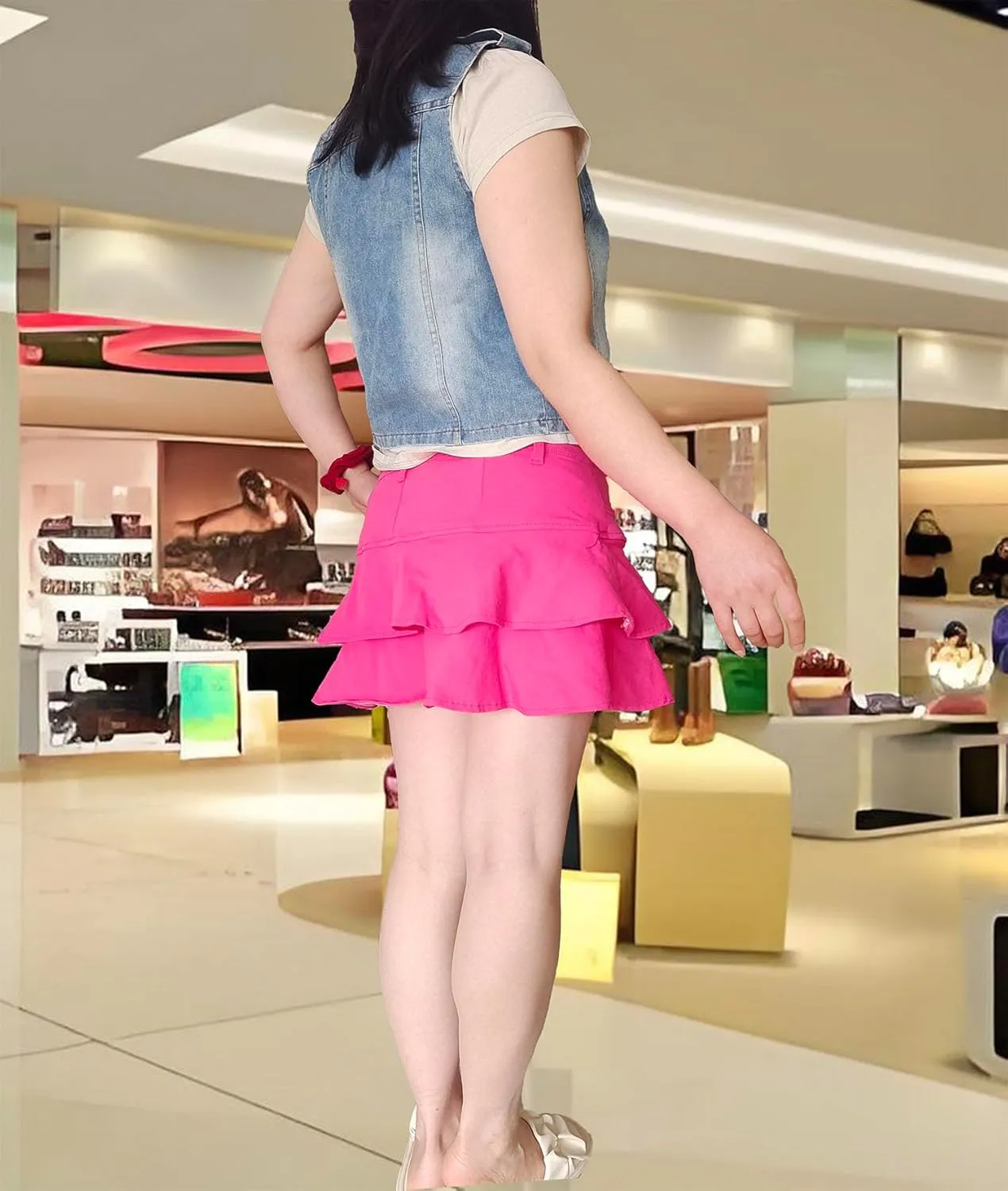 Women's Casual Denim Mini Skirt Ruffled Slim A-line Pleated Jean Short Skirt