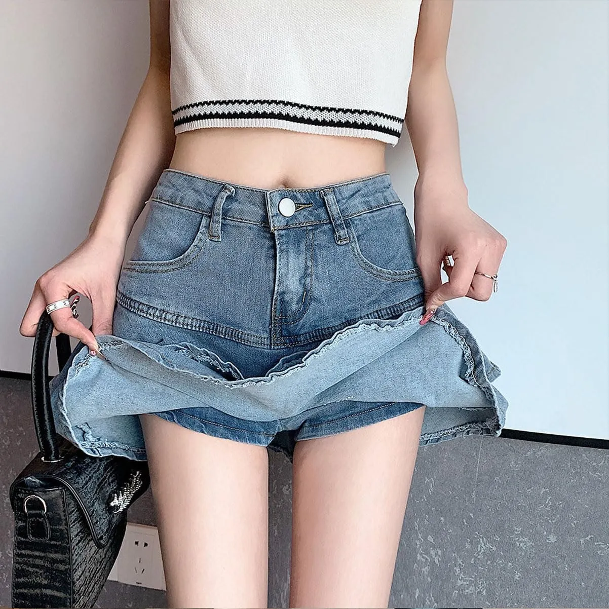 Women's Casual Denim Mini Skirt Ruffled Slim A-line Pleated Jean Short Skirt