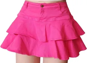 Women's Casual Denim Mini Skirt Ruffled Slim A-line Pleated Jean Short Skirt