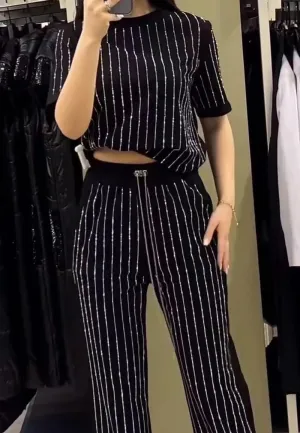Women's Casual Solid Color Round Neck Hot Diamond Short Sleeve 2-Piece Suit, Elegant Sparkly Tops Wide-Leg Pants Set