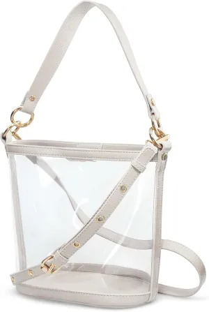 Women's Clear PVC Bucket Top Handle Crossbody Bag With Vegan Leather Trim Transparent Shoulder Handbag