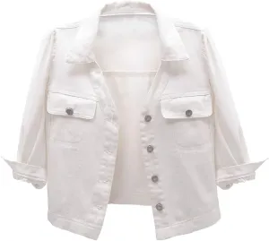 Women's Cropped Denim Jacket Puff Short Sleeve Sweet Button Down Denim Jean Jacket