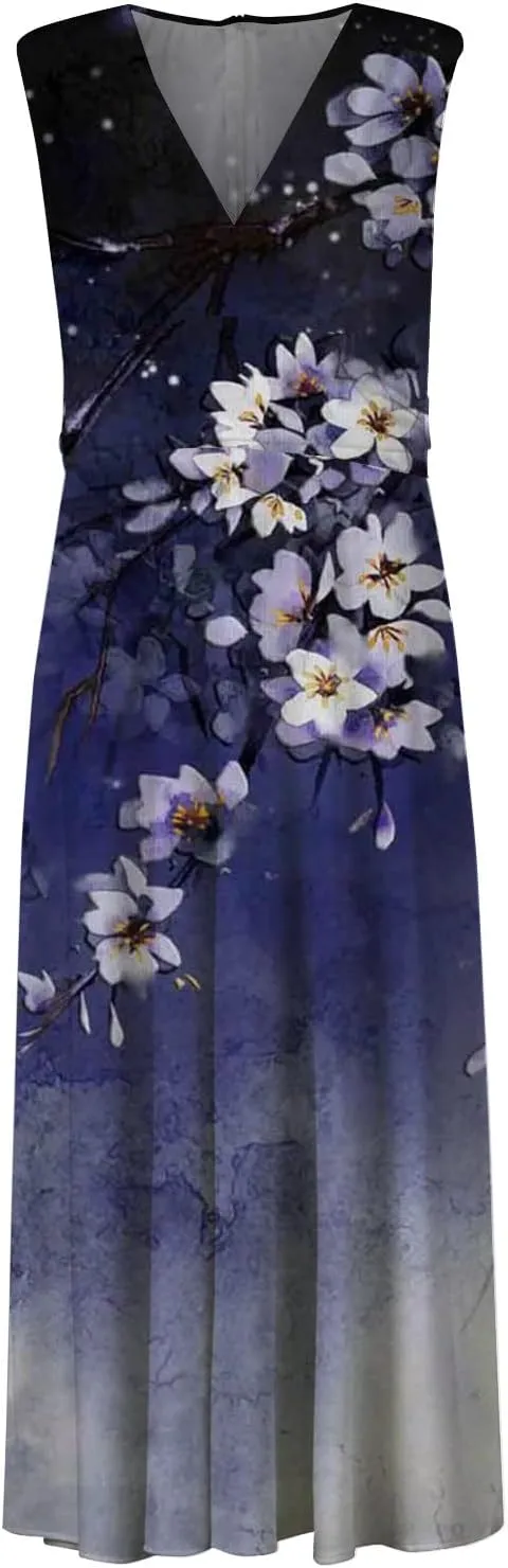 Womens Dresses Sleeveless Flowy Ruched Maxi Dress Wrap V Neck Floral Print Beach Dresses Trendy Sundresses
