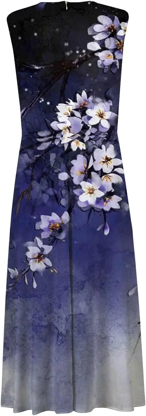 Womens Dresses Sleeveless Flowy Ruched Maxi Dress Wrap V Neck Floral Print Beach Dresses Trendy Sundresses