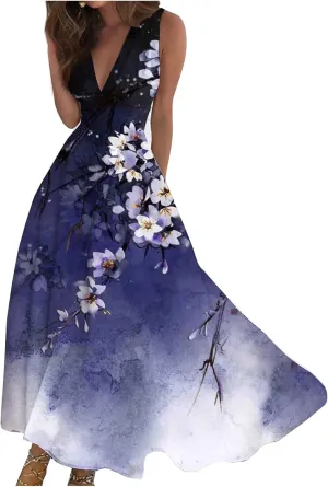 Womens Dresses Sleeveless Flowy Ruched Maxi Dress Wrap V Neck Floral Print Beach Dresses Trendy Sundresses