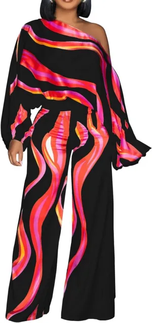 Women's Dressy Printed Jumpsuits Casual Plus Size V Neck Long Sleeve Wrap Wide Leg Rompers