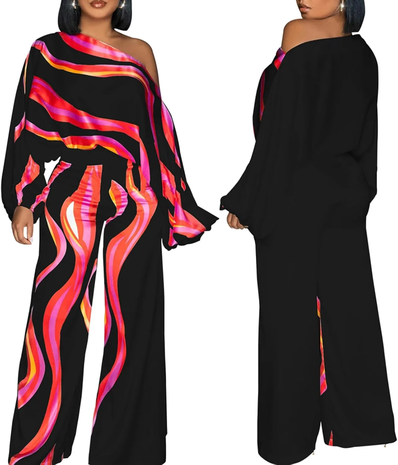 Women's Dressy Printed Jumpsuits Casual Plus Size V Neck Long Sleeve Wrap Wide Leg Rompers
