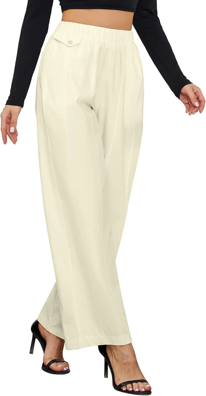 Womens Elastic High Waist Pants Straight Long Trousers Pockets Comfy Cotton Palazzo Work Business Casual Khaki Large