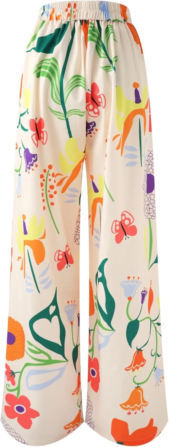 Womens Elastic High Waisted Palazzo Pants Casual Wide Leg Long Lounge Pant Trousers
