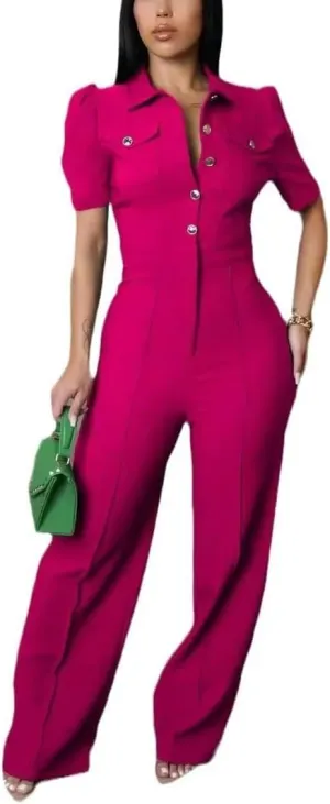Women's fashionable, sexy, elegant, high waisted, wide leg pants, club business party button jumpsuit