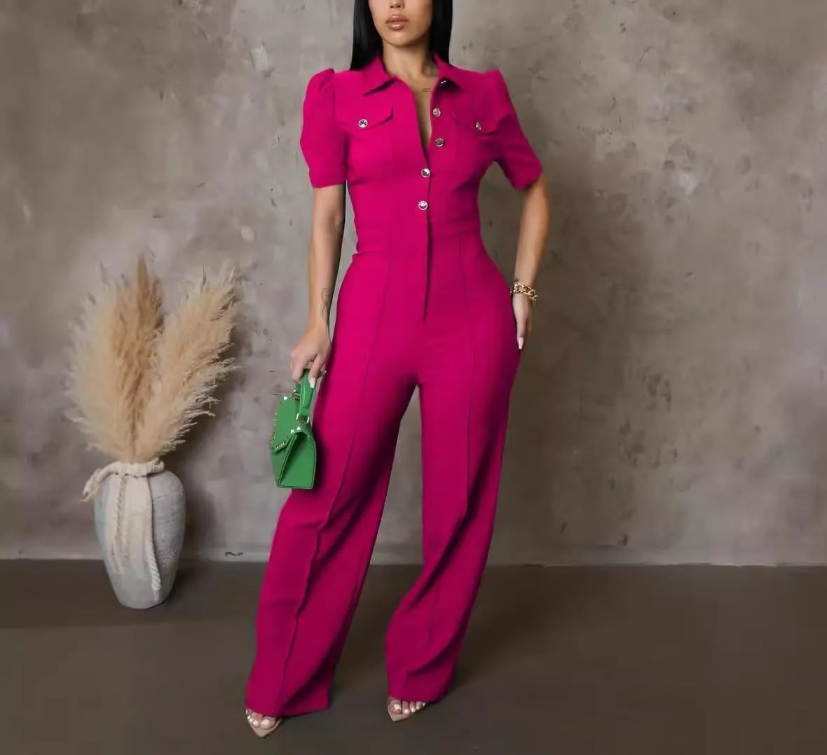 Women's fashionable, sexy, elegant, high waisted, wide leg pants, club business party button jumpsuit