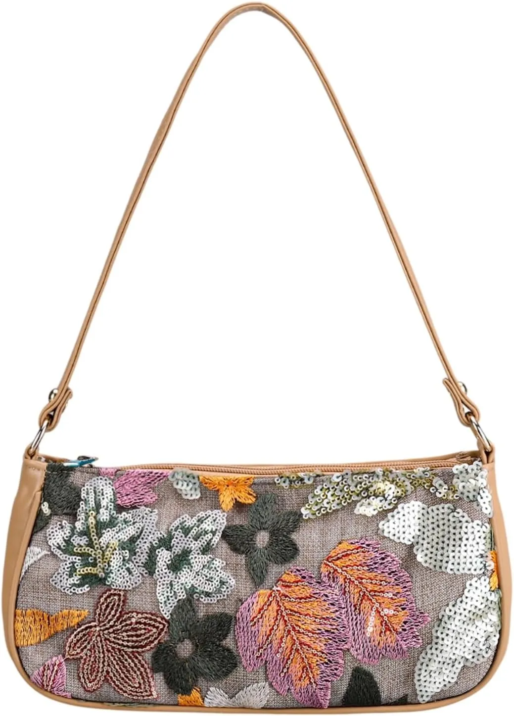 Women's Floral Embroidery Purse, Leather Sequin Beaded Handbag,Summer Beach Tote Shoulder Bag Vacation Wedding Party