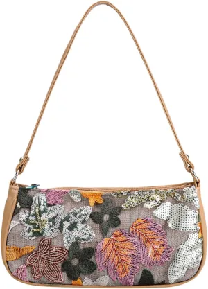 Women's Floral Embroidery Purse, Leather Sequin Beaded Handbag,Summer Beach Tote Shoulder Bag Vacation Wedding Party