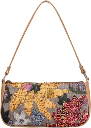 Women's Floral Embroidery Purse, Leather Sequin Beaded Handbag,Summer Beach Tote Shoulder Bag Vacation Wedding Party