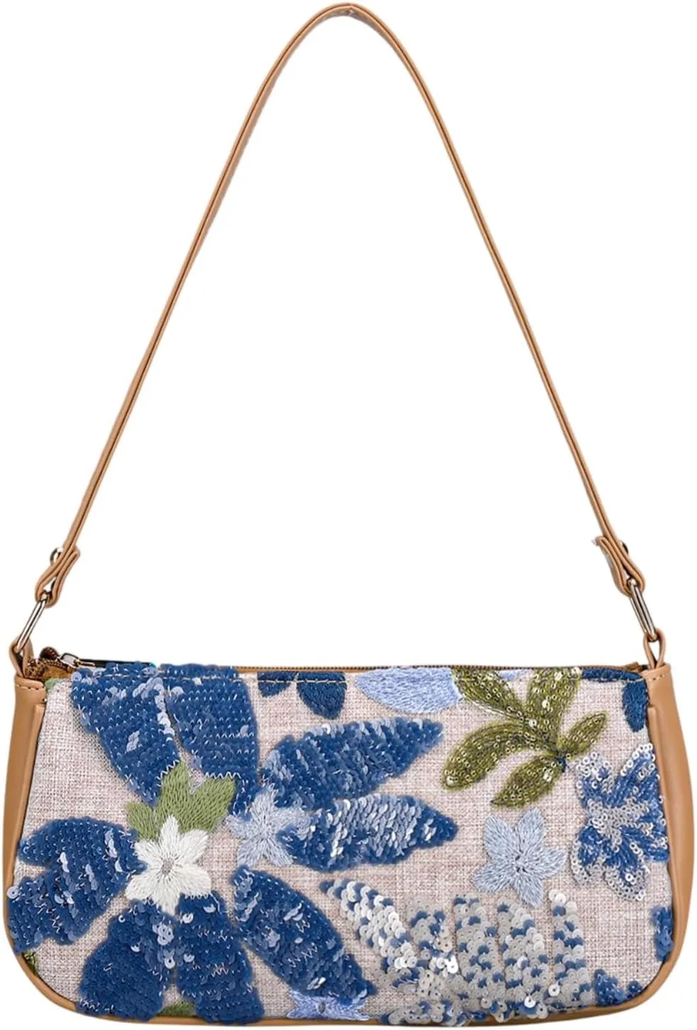 Women's Floral Embroidery Purse, Leather Sequin Beaded Handbag,Summer Beach Tote Shoulder Bag Vacation Wedding Party