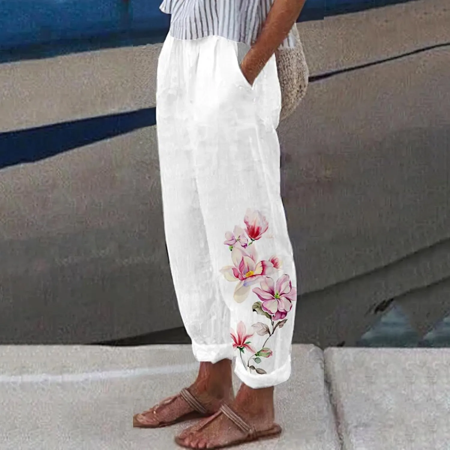 Women's Floral Printed Cotton Linen Pants Casual Summer Elastic Waist White Crop Trousers with Pockets