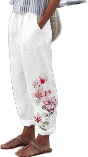 Women's Floral Printed Cotton Linen Pants Casual Summer Elastic Waist White Crop Trousers with Pockets