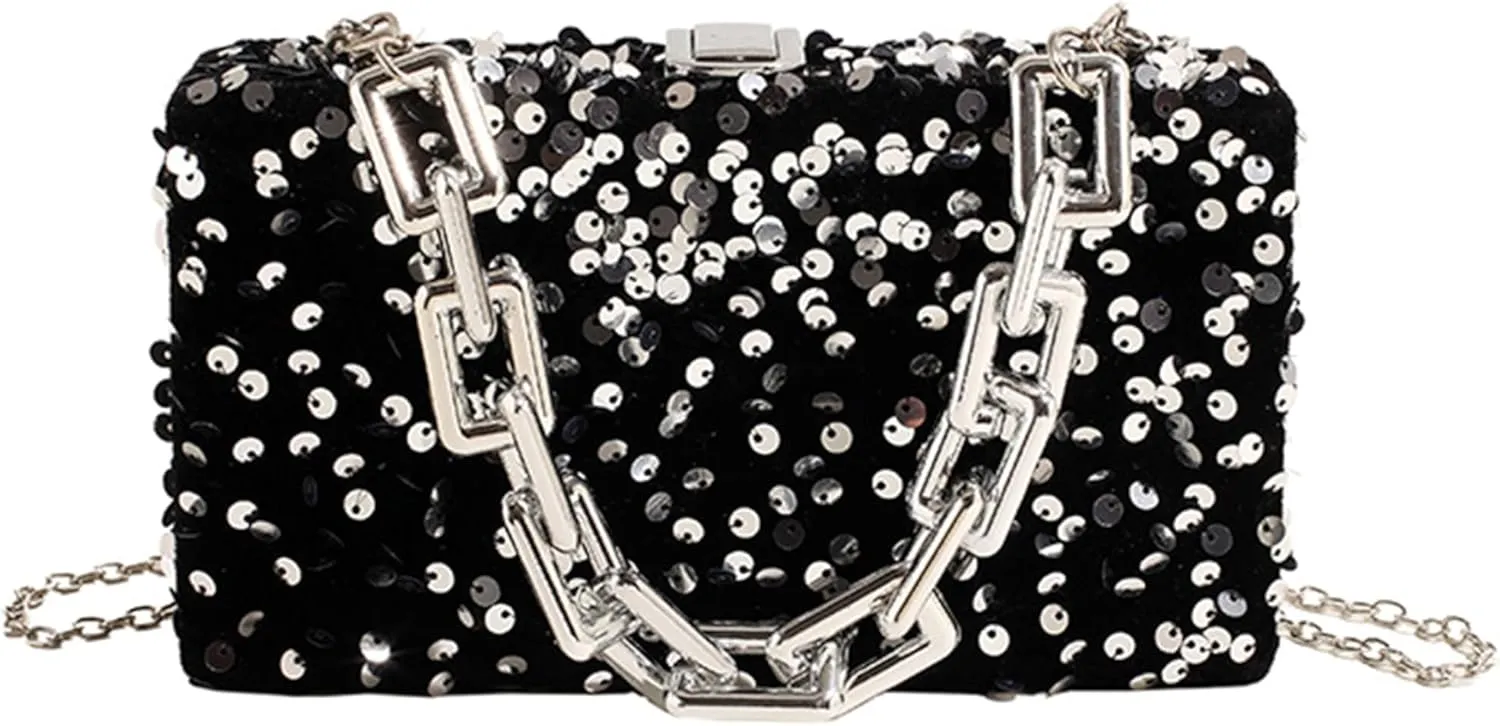 Women's Glitter Sequin Satchel Retro Evening Shoulder Bag Party Clutch Wedding Purse Fashion Crossbody Prom Handbag