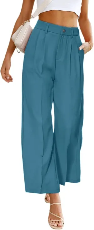 Women's Half-Elastic Waist Dress Pants Wide Leg Cropped Trousers for Business Casual Work