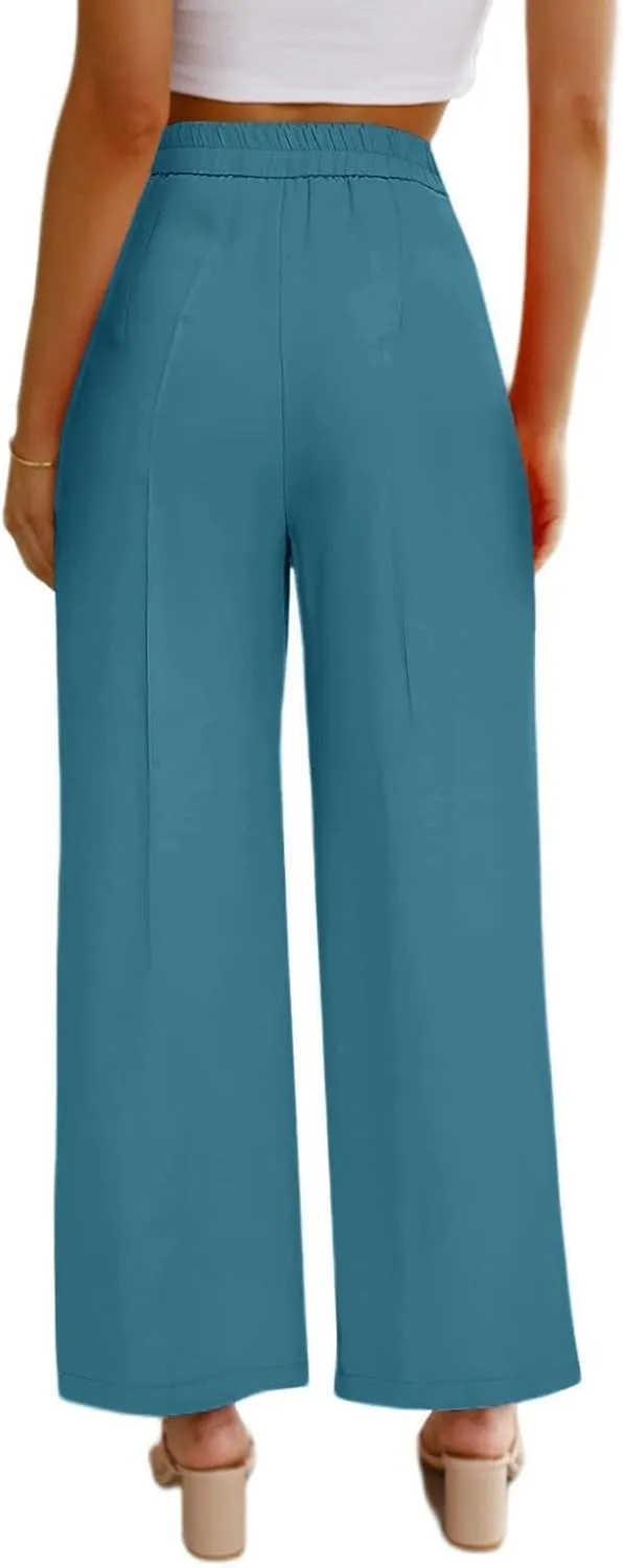 Women's Half-Elastic Waist Dress Pants Wide Leg Cropped Trousers for Business Casual Work