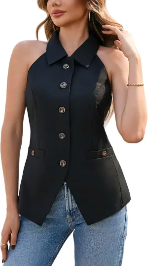 Womens Halter Neck Vest Lapel Collar Button Down Sleeveless Waistcoat Tunic Top with Pockets
