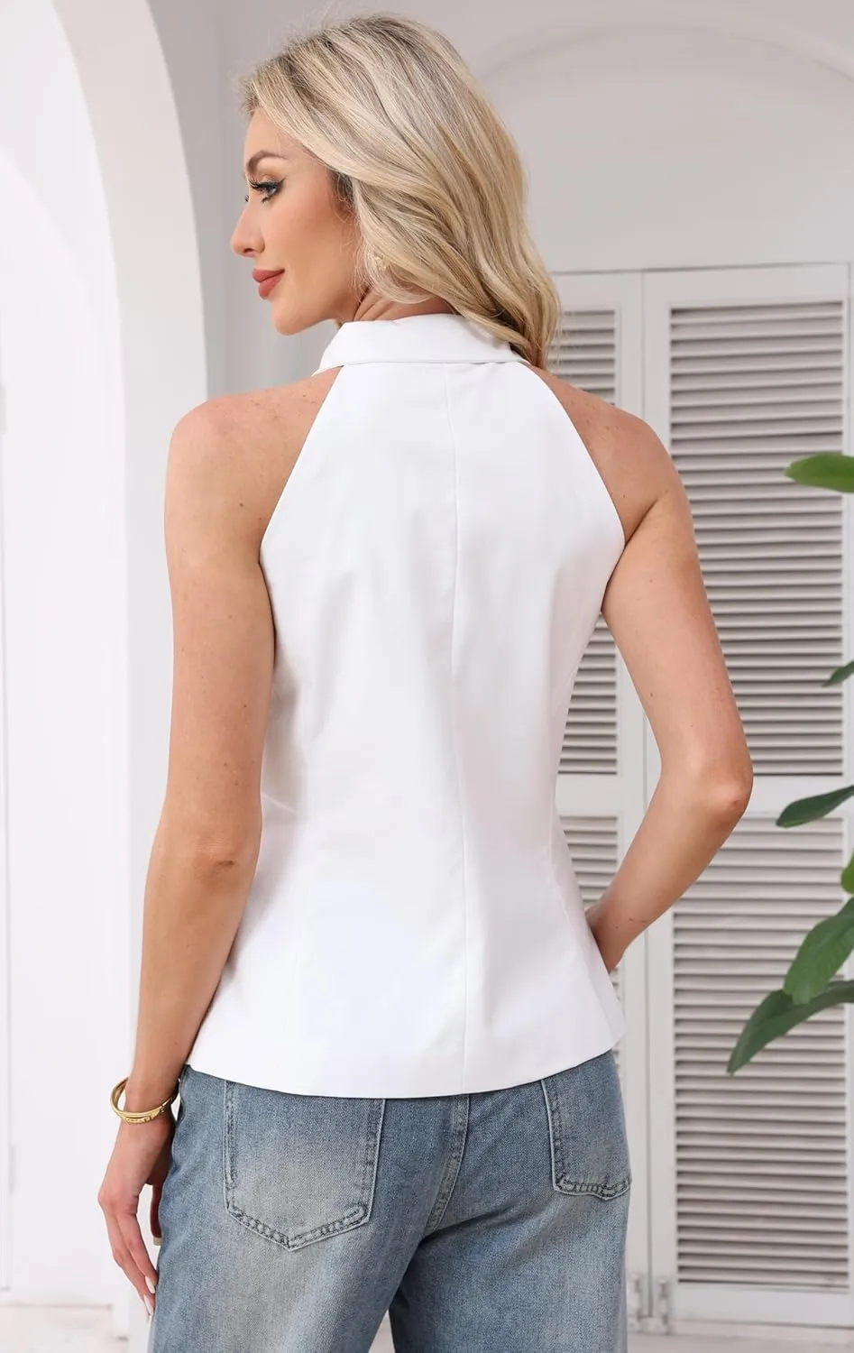 Womens Halter Neck Vest Lapel Collar Button Down Sleeveless Waistcoat Tunic Top with Pockets