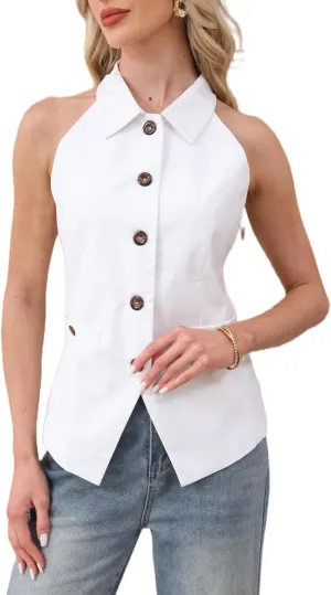 Womens Halter Neck Vest Lapel Collar Button Down Sleeveless Waistcoat Tunic Top with Pockets