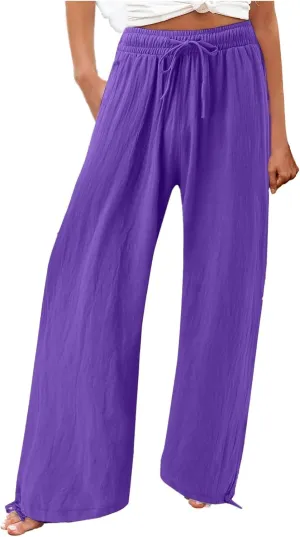 Women's Hiking Pants with Pockets Drawstring Elastic Casual High Waist Straight Wide Leg Trouser for Women 2025