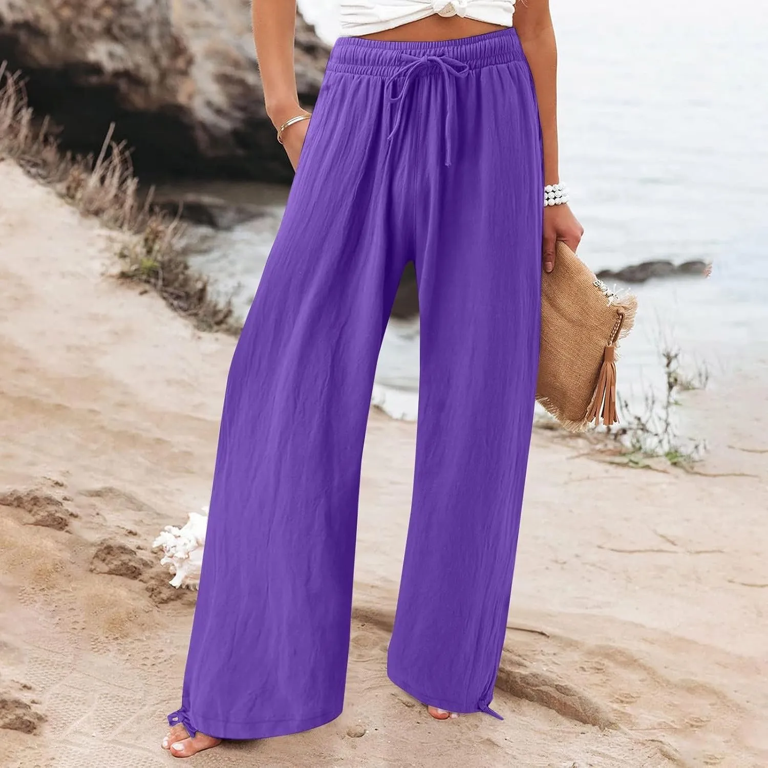 Women's Hiking Pants with Pockets Drawstring Elastic Casual High Waist Straight Wide Leg Trouser for Women 2025