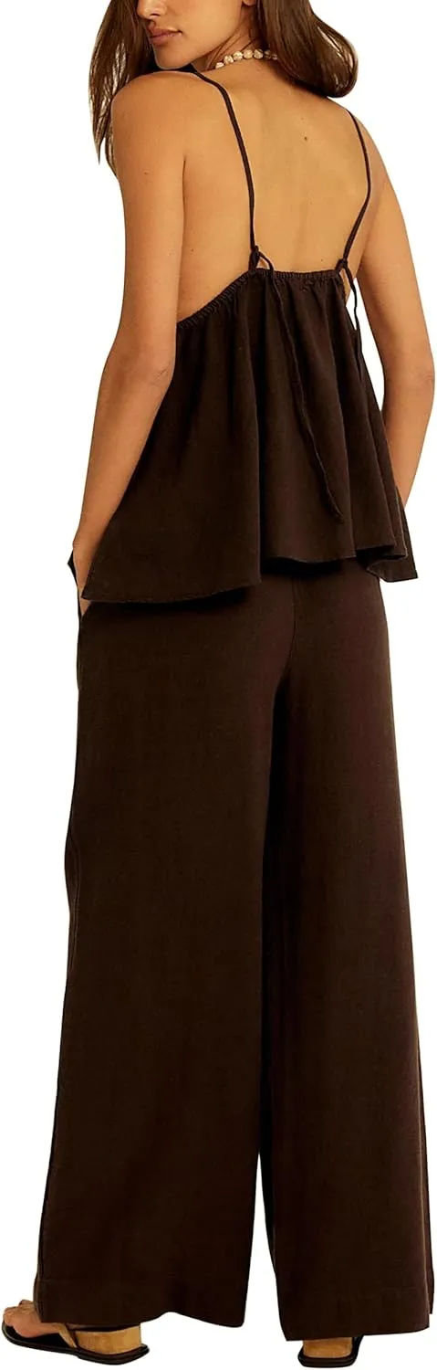 Women's Linen 2 Piece Outfits Sexy V Neck Spaghetti Strap Peplum Cami Tops Wide Leg Pants with Pockets Matching Set