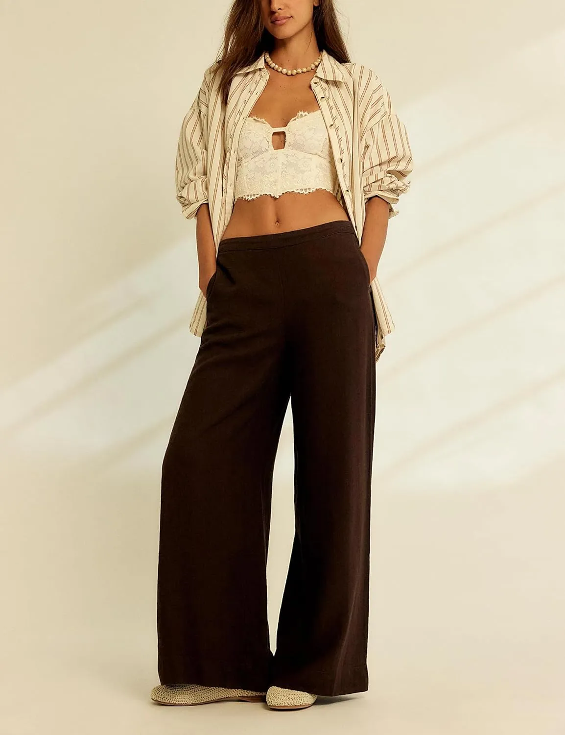 Women's Linen 2 Piece Outfits Sexy V Neck Spaghetti Strap Peplum Cami Tops Wide Leg Pants with Pockets Matching Set