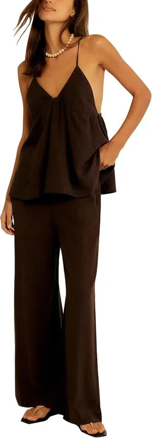 Women's Linen 2 Piece Outfits Sexy V Neck Spaghetti Strap Peplum Cami Tops Wide Leg Pants with Pockets Matching Set