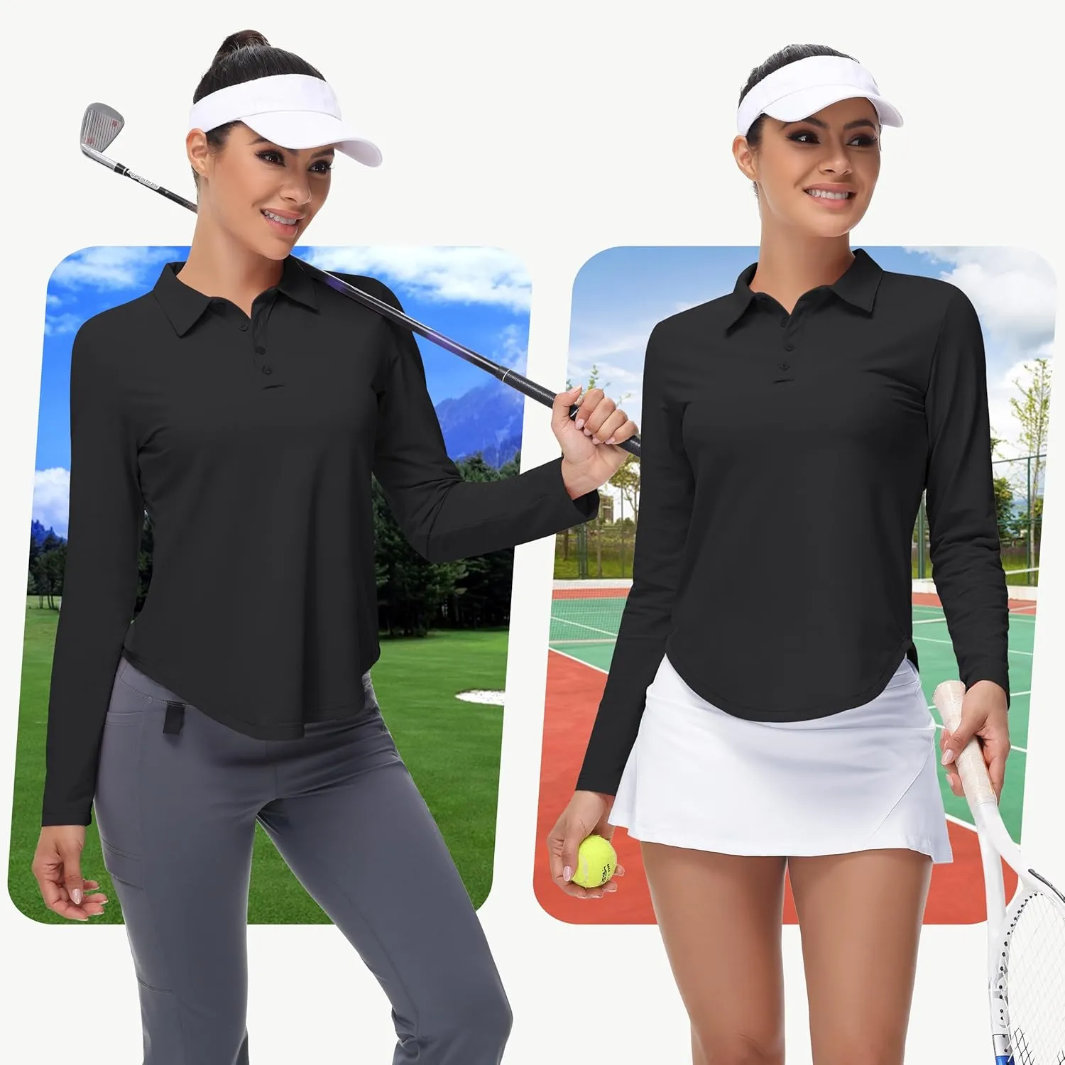 Women's Long Sleeve Golf Shirt Collared Polo Sun Protection Quick Dry Workout Athletic Running Tennis Hiking Lightweight Tops