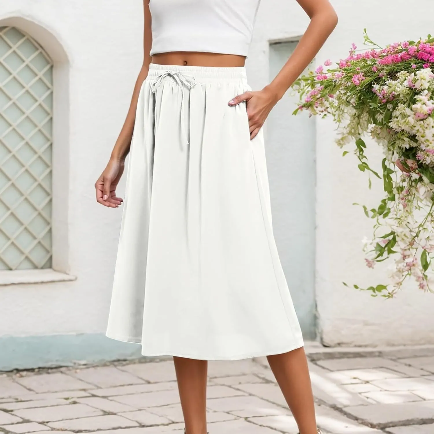 Women's Midi Skirt Summer Pleated Flowy Elastic High Waisted A-Line Skirt with Pockets Bohemia for Women 2025 Trendy