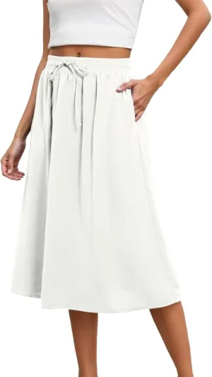 Women's Midi Skirt Summer Pleated Flowy Elastic High Waisted A-Line Skirt with Pockets Bohemia for Women 2025 Trendy