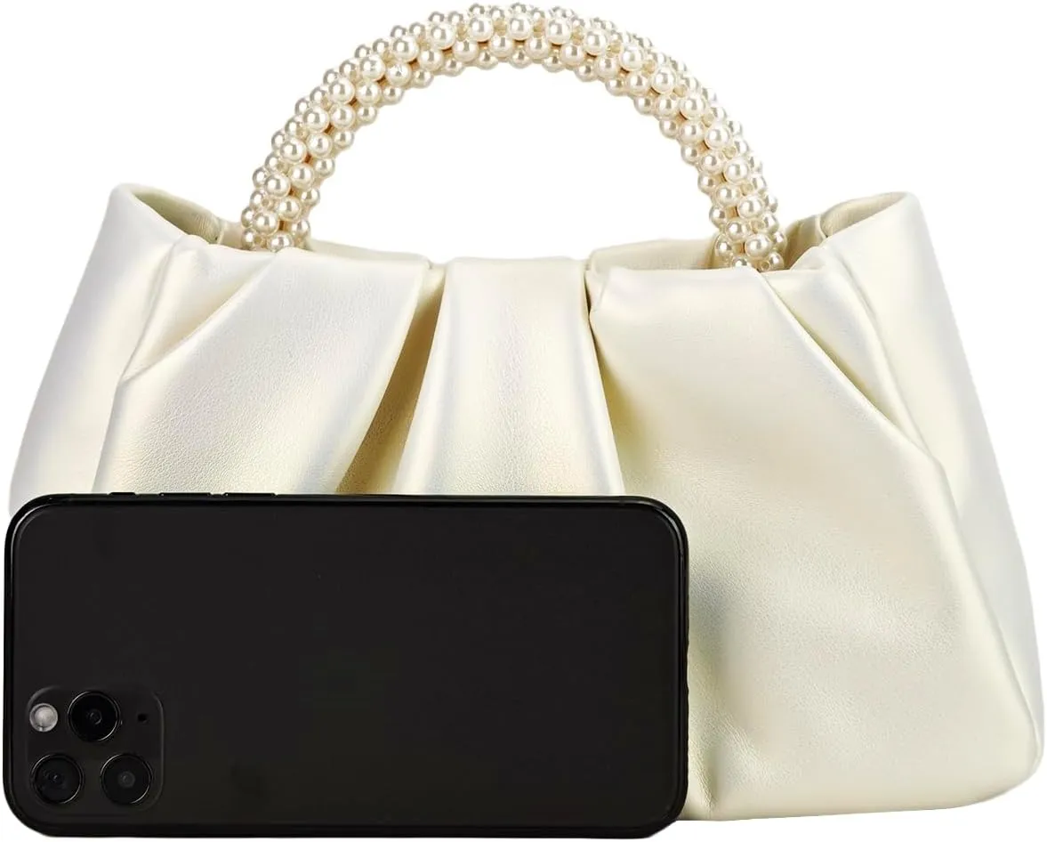 Women's Pleated Pearl Handle Bag Cloud Evening Shoulder Bag Glossy PU Leather Clutch Purse With Strap