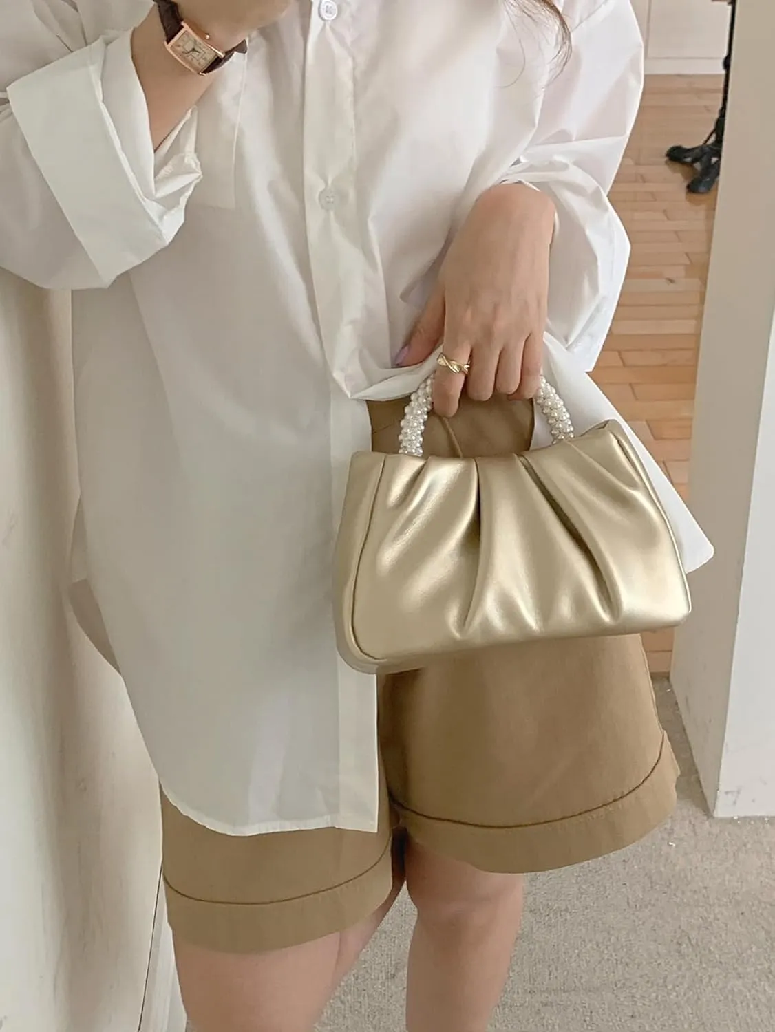 Women's Pleated Pearl Handle Bag Cloud Evening Shoulder Bag Glossy PU Leather Clutch Purse With Strap