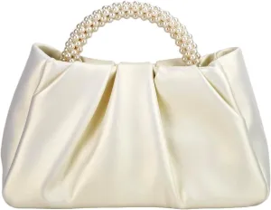 Women's Pleated Pearl Handle Bag Cloud Evening Shoulder Bag Glossy PU Leather Clutch Purse With Strap