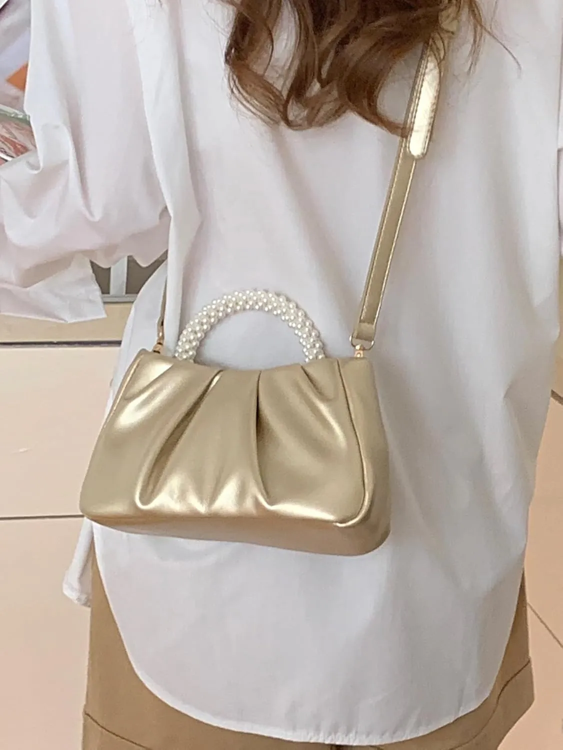 Women's Pleated Pearl Handle Bag Cloud Evening Shoulder Bag Glossy PU Leather Clutch Purse With Strap