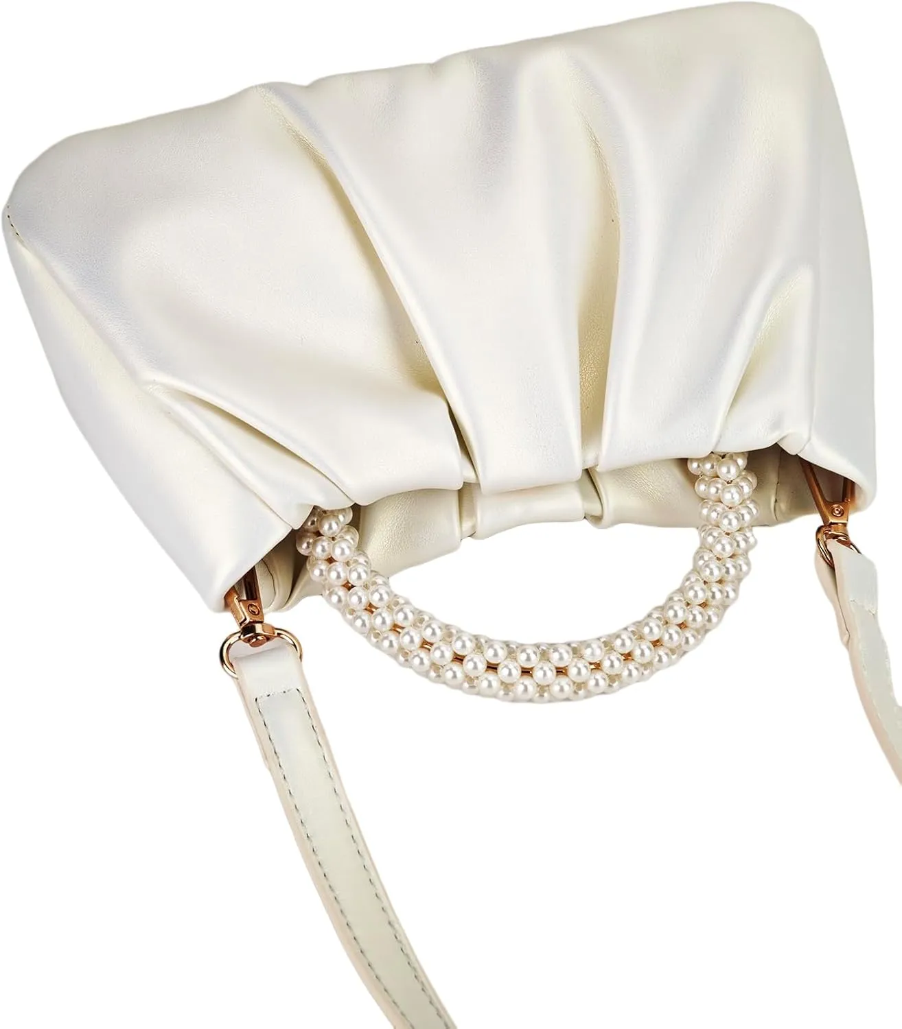 Women's Pleated Pearl Handle Bag Cloud Evening Shoulder Bag Glossy PU Leather Clutch Purse With Strap