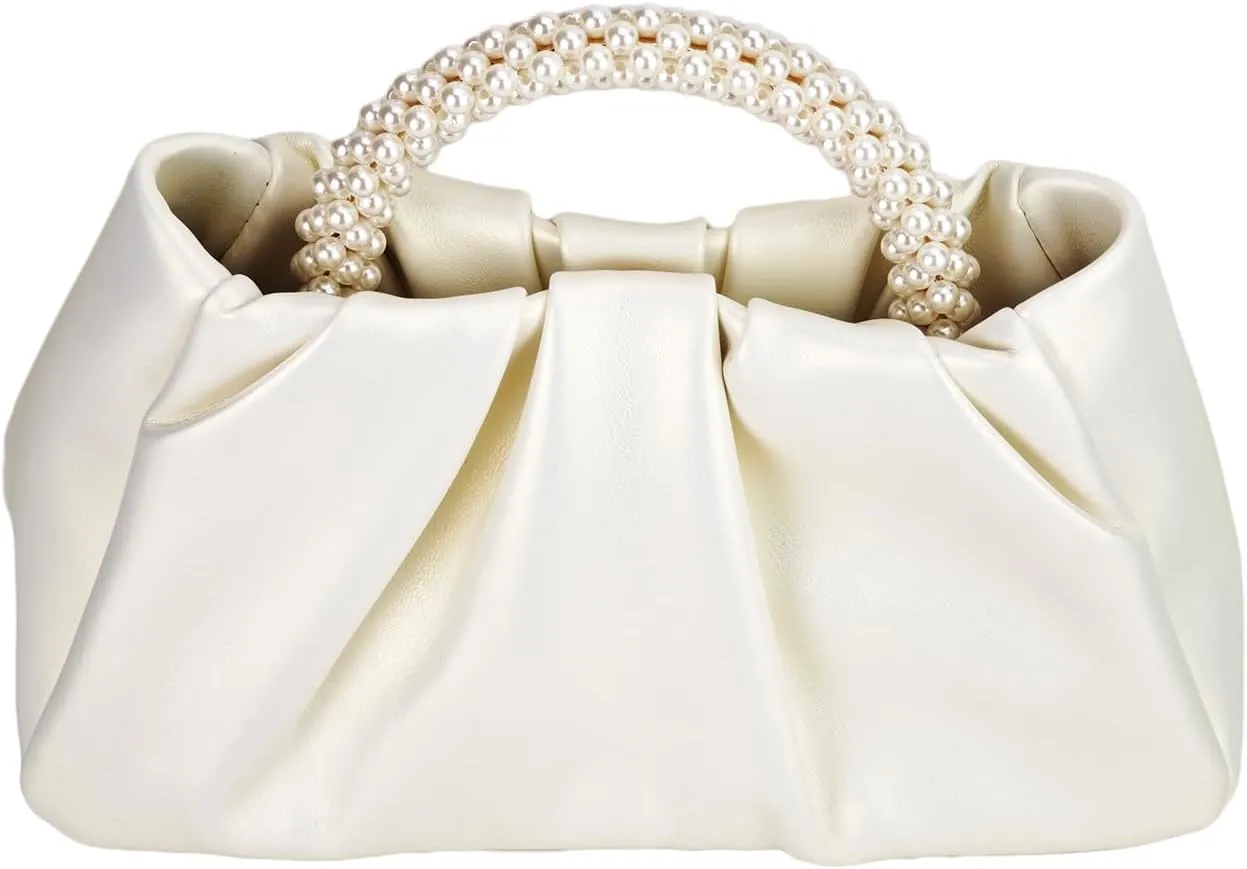 Women's Pleated Pearl Handle Bag Cloud Evening Shoulder Bag Glossy PU Leather Clutch Purse With Strap