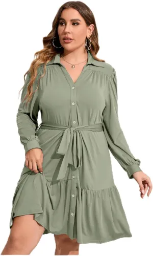 Women's Plus Size Long Sleeve Button Front Belted V Neck Ruffle Midi Shirt Dress in Wine Color