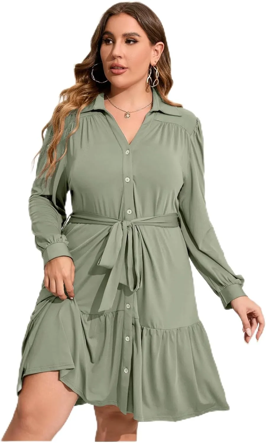 Women's Plus Size Long Sleeve Button Front Belted V Neck Ruffle Midi Shirt Dress in Wine Color
