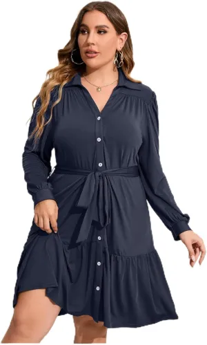 Women's Plus Size Long Sleeve Button Front Belted V Neck Ruffle Midi Shirt Dress in Wine Color