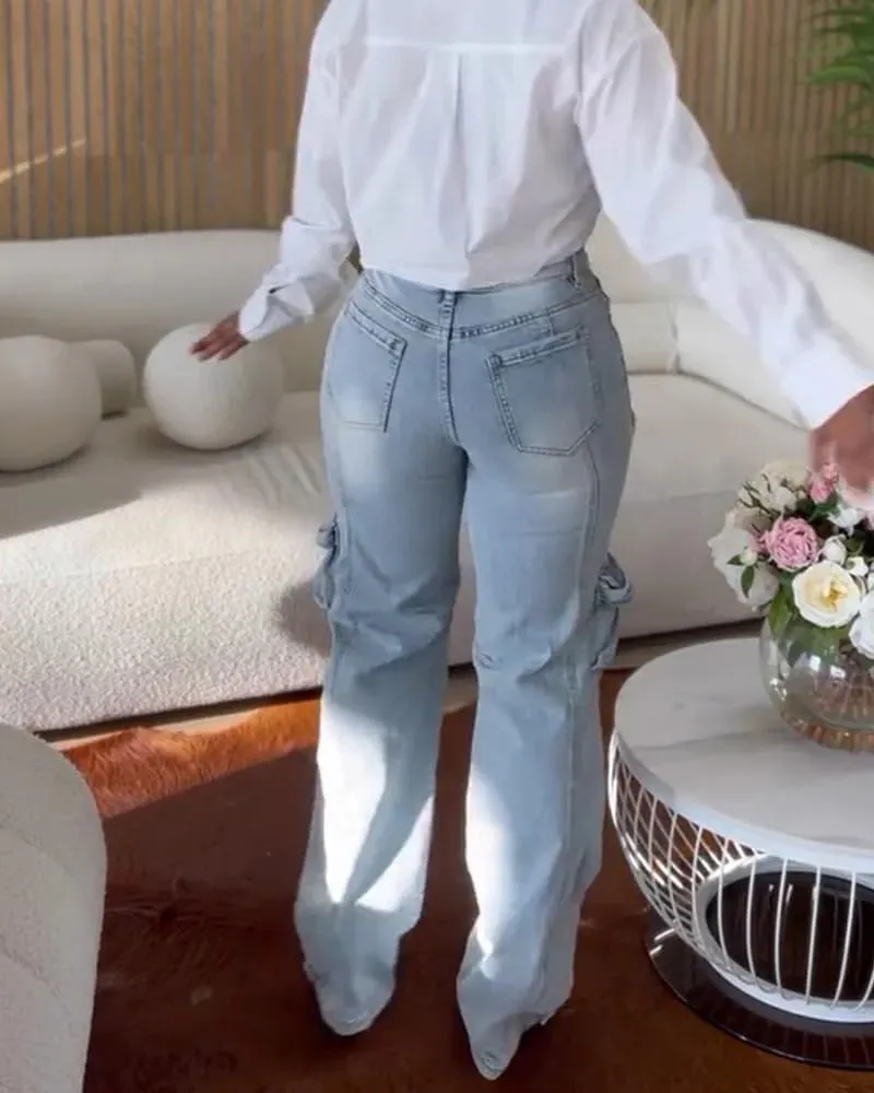 Womens Rhinestone Cargo Jeans Y2k High Waisted Ripped Cut Out Straight Leg Sparkly Baggy Sexy Denim Pants