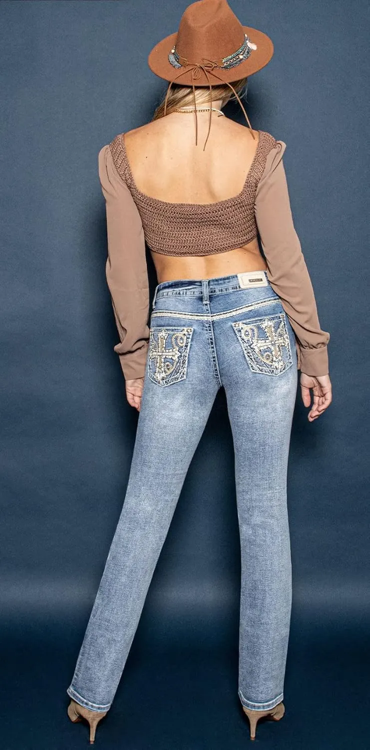Women's Ripped Bootcut Jeans Mid Rise Flare Bottoms Vintage Distress with Rhinestone Pockets S96-PB