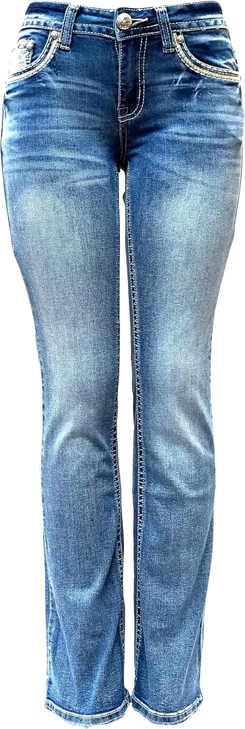 Women's Ripped Bootcut Jeans Mid Rise Flare Bottoms Vintage Distress with Rhinestone Pockets S96-PB