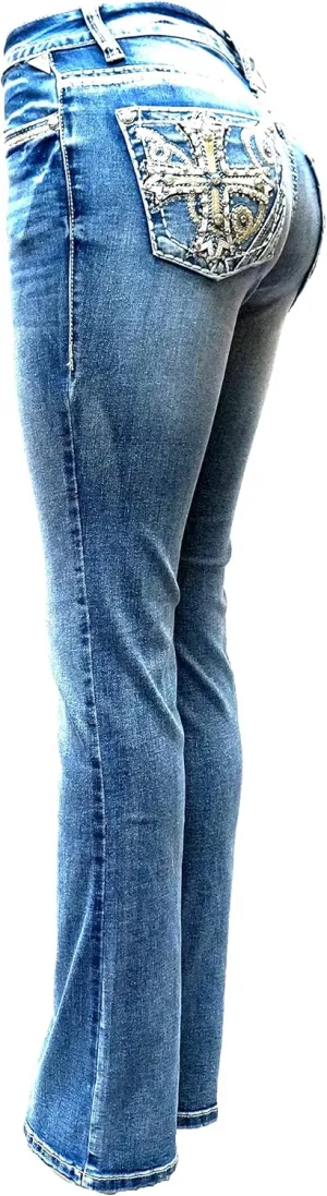 Women's Ripped Bootcut Jeans Mid Rise Flare Bottoms Vintage Distress with Rhinestone Pockets S96-PB