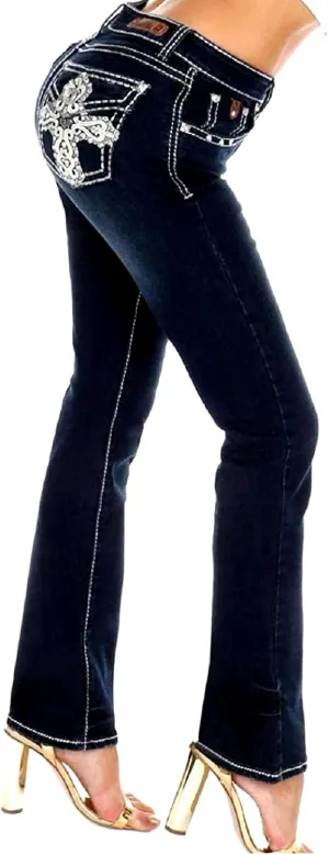 Women's Ripped Bootcut Jeans Mid Rise Flare Bottoms Vintage Distress with Rhinestone Pockets S96-PB